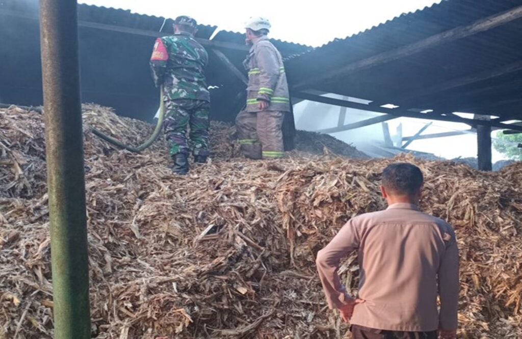 Gerak Cepat, Babinsa Desa Kebonagung Bantu Padamkan Kebakaran Gudang Sepah Tebu