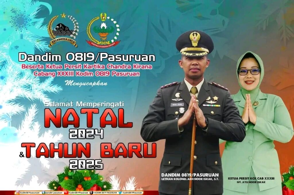 Dandim 0819 dan Ketua Persit KCK Cabang XXXIII Kodim Pasuruan Ucapkan Selamat Natal 2024 dan Tahun Baru 2025