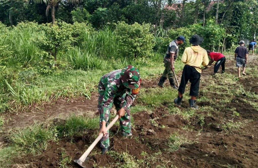 Minggu Bersih Babinsa Kebunduren Bersama Warga, Bahu-Membahu Kerja Bakti Bersihkan Jalan Dusun