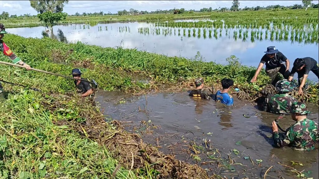 Babinsa Koramil 1006-08/Gbt  Bantu warga Bersihkan sungai sarana pengairan sawah